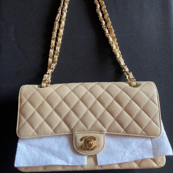 NEW CHANEL Classic Caviar Medium Double Flap Bag Beige Clair Gold Hardware - Picture 4 of 16
